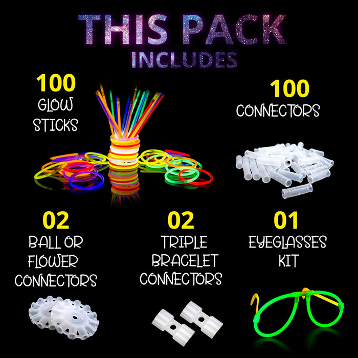 Questo ricco set contiene 100 bastoncini neon, 100 giunti e 2 attacchi a triplo connettore per creare braccialetti, 2 attacchi multi-connettore per realizzare palline o fiori e un set per realizzare occhiali!