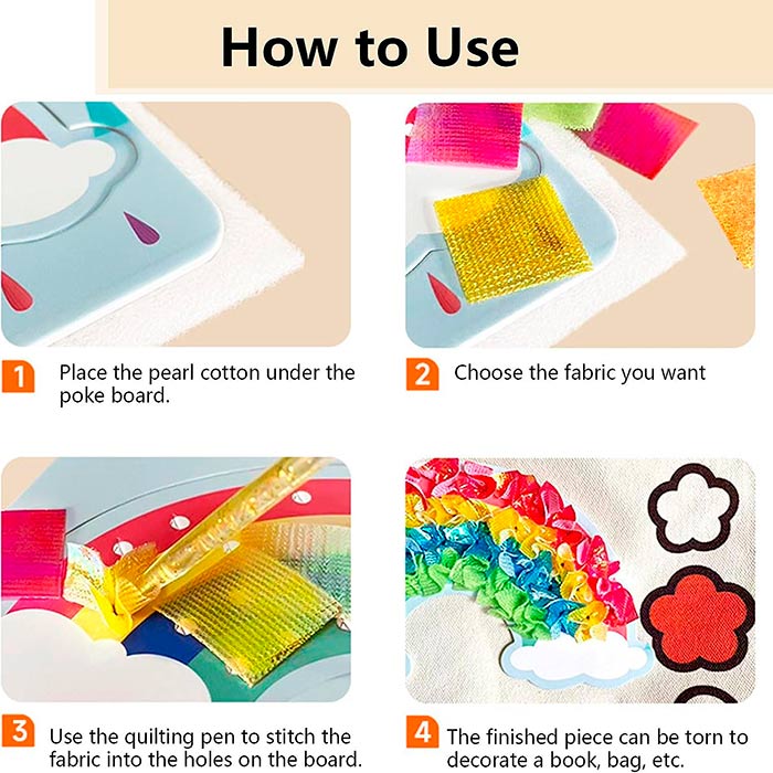 10 carte animali, una bacchetta per dipingere e 600 pezzi di tessuto multicolore da inserire negli spazi delle carte!